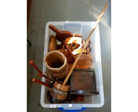 TREEN AND WOODEN ARTICLES. A COLLECTION OF ENGLISH AND FOREIGN DOMESTIC BYGONES, TO INCLUDE A WALL HANGING CANDLE BOX, DAIRY 
