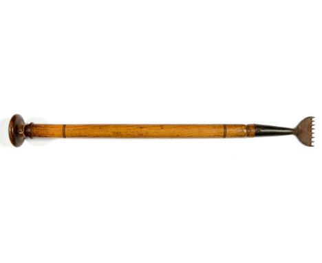 A VICTORIAN IRON LEATHER WORKER'S LACING CHISEL, WITH TURNED ASH HANDLE, 63CM L