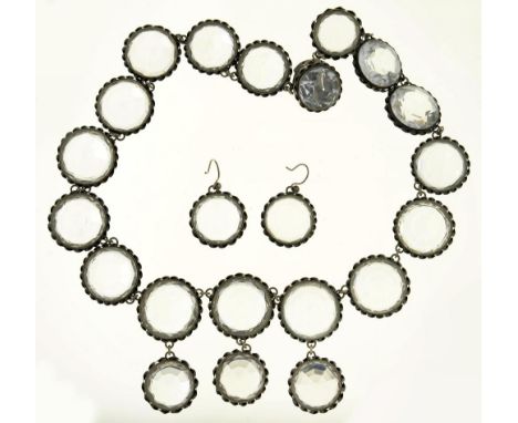 A VICTORIAN FACETED ROCK CRYSTAL NECKLACE AND EARRING SUITE, IN SILVER, NECKLACE 41CM LONG++IN GOOD CONDITION, WITH LIGHT WEA