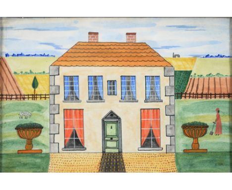 R. COX, STUDY OF A HOUSE, SIGNED, WATERCOLOUR, 16 X 25CM AND TWO GLASS TOP HAT NOVELTY STANDS OR VASES, CIRCA EARLY 20TH C, 9