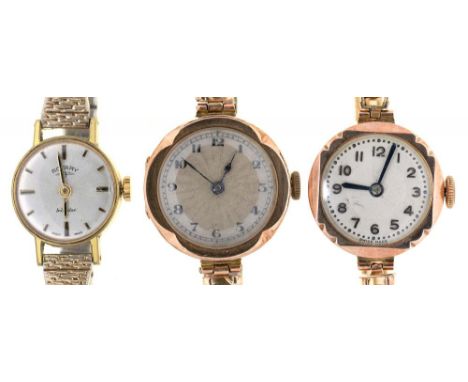 TWO 9CT GOLD CASED LADY'S WRISTWATCHES AND A ROTARY GOLD PLATED LADY'S WRISTWATCH++GLASSES WORN. ROTARY NOT RUNNING