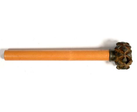 A MEDIEVAL IRON MACE HEAD, PROBABLY EASTERN EUROPEAN, 13TH C, APPROXIMATELY 7CM D, DAMAGED, ON LATER LIGHT WOOD SHAFT