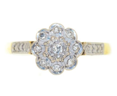 A DIAMOND CLUSTER RING, IN GOLD, MARKED 18CT AND PLAT, 3.5G, SIZE O++LIGHT WEAR CONSISTENT WITH AGE