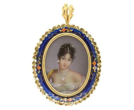 PORTRAIT MINIATURE BROOCH PENDANT WITH ENAMEL SURROUND, IN 18CT GOLD, 5.2 CM LONG INCLUDING BALE, 12.5G++IN GOOD CONDITION, W