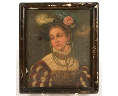 NORTHERN EUROPEAN SCHOOL, 19TH / 20TH C, PORTRAIT OF A YOUNG WOMAN IN A PLUMED HAT AND RENAISSANCE DRESS, BUST LENGTH, OIL ON