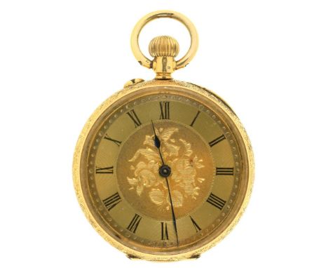 A FOLIATE ENGRAVED GOLD LADY'S WATCH, MARKED 18K, NO 45643, 35G++IN GOOD CONDITION, WITH LIGHT WEAR CONSISTENT WITH AGE