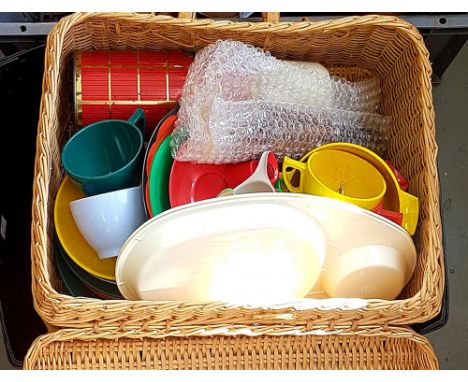 A SET OF IRON WEIGHING SCALES BY W. T. AVERY AND WEIGHTS AND A WICKER PICNIC BASKET CONTAINING BRIGHTLY COLOURED PLASTIC TEA 