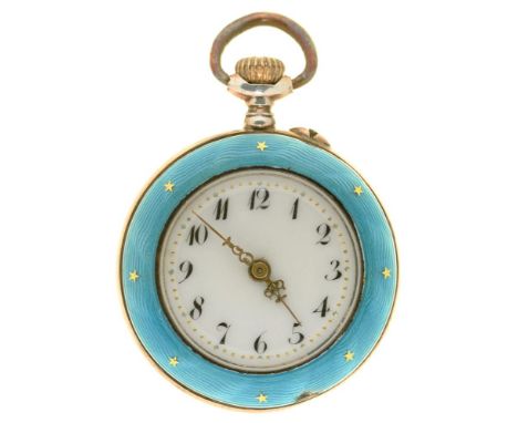 A SWISS 9CT GOLD LADY'S POCKET WATCH, TURQUOISE ENALLED CASE WITH GOLD STAR MOTIFS, 2.8 CM DIAMETER, 21.5G++IN WORKING ORDER,