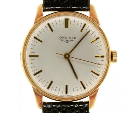 A LONGINES 9CT GOLD GENTLEMAN'S WRISTWATCH, CIRCULAR 3 CM DIAL LEATHER STRAP, IN SOLVIL ET TITUS CASE++IN WORKING CONDITION, 
