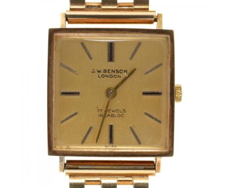 A J.W.BENSON 9CT GOLD GENTLEMAN'S WRISTWATCH, 2.5 CM SQUARE DIAL, 9CT GOLD BRACELET, ENGRAVED TO BACK, 37.5G, CASED++IN WORKI