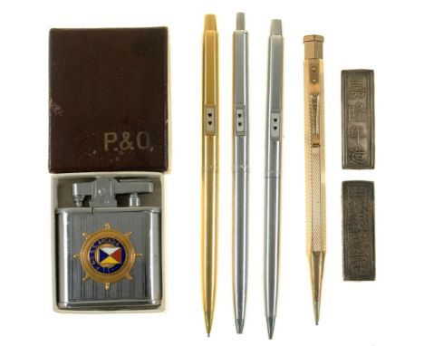 A YARDOLED GOLD PLATED PROPELLING PENCIL WITH HEXAGONAL BARREL, THREE OTHER PAPERMATE PENCILS, A PACIFIC CIGARETTE LIGHTER WI