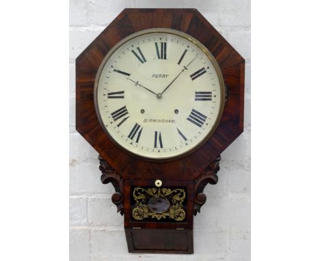A VICTORIAN MAHOGANY DROP CASE WALL CLOCK, THE PAINTED DIAL INSCRIBED PERRY BIRMINGHAM, 61CM H, MID 19TH C
