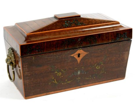 A VICTORIAN ROSEWOOD AND LINE INLAID TEA CADDY, WITH FITTED INTERIOR AND BRASS LION MASK HANDLES, 30.5CM L