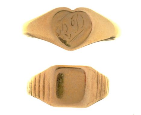 TWO GOLD SIGNET RINGS, 3G, SIZES G AND N++LIGHT WEAR CONSISTENT WITH AGE, MARKS OBSCURED