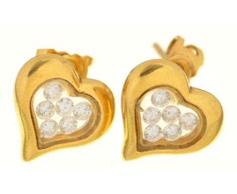 A PAIR OF HEART SHAPED DIAMOND EARRINGS, IN GOLD MARKED 750, 6G++IN GOOD CONDITION, WITH LIGHT WEAR CONSISTENT WITH AGE