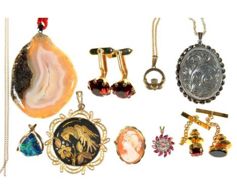 A BOULDER OPAL AND DIAMOND SET PENDANT IN GOLD, 18 X 15 MM, MARKED 585, A 9CT GOLD CLADDAGH PENDANT, A RUBY AND DIAMOND PENDA