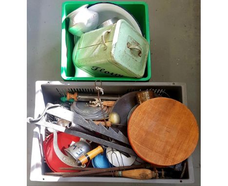 DOMESTIC BYGONES. A QUANTITY OF MAINLY MID CENTURY ENAMEL AND WOODEN ARTICLES, TO INCLUDE A BREAD BIN, BASIN, COOKING UTENSIL