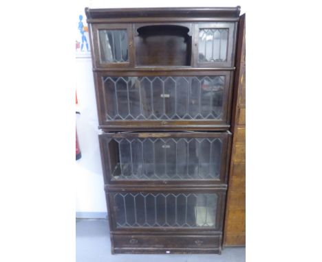 GLOBE WERNICK OAK FOUR TIER SECTIONAL BOOKCASE WITH LEAD LIGHT FRONTS 