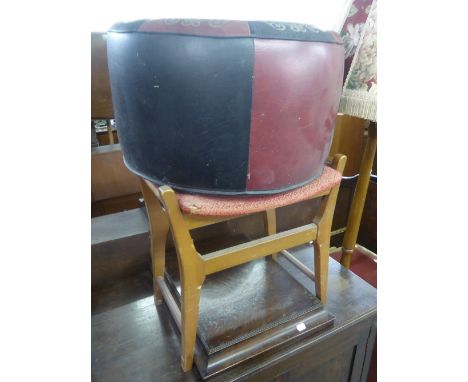 A PIANO STOOL AND A LEATHER COVERED POUFFE 