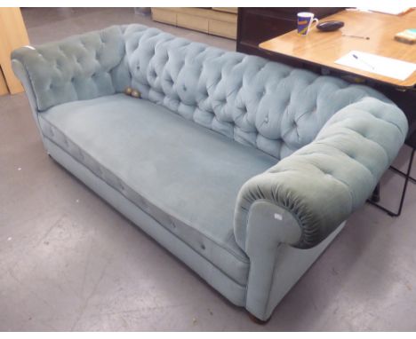 AN EARLY 1900's CHESTERFIELD STYLE SOFA, THREE SEATER IN DUCK EGG BLUE VELVET ON BUN FEET 