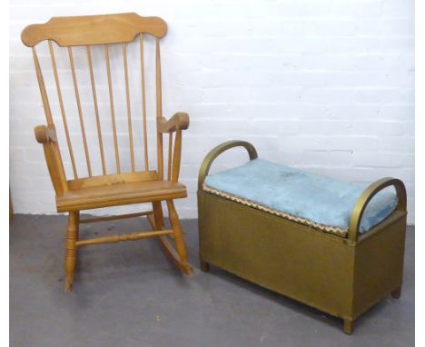A LIGHT WOOD MODERN WINDSOR ROCKING CHAIR AND A LOOM OTTOMAN STOOL 