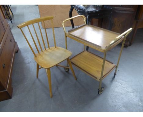 TUBULAR FRAMED TWO TIER TROLLEY WITH TEAK LIFT-OFF TRAY TOP AND A SPINDLE BACKED SINGLE CHAIR, WITH PANEL SEAT 