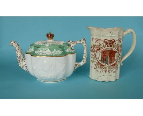 Victoria: a fine quality porcelain teapot and cover by Copeland moulded with inscribed portraits and having a crown finial, 1