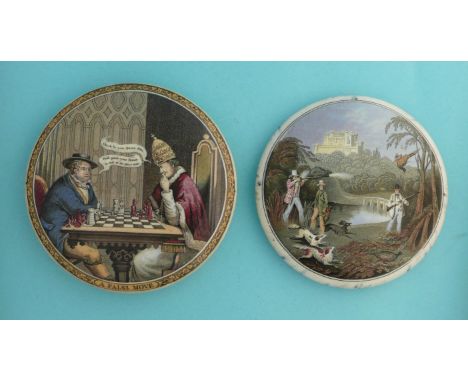 A False Move (251) 127mm, restored and Pheasant Shooting (261) 117mm (2)  (pot lid, pot lids, potlid, potlids, prattware)  
