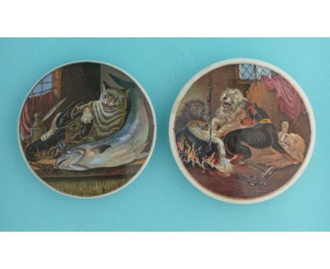 Lobster Sauce (49) 101mm and Pretty Kettle of Fish (48) 105mm (2)  (pot lid, pot lids, potlid, potlids, prattware)  
