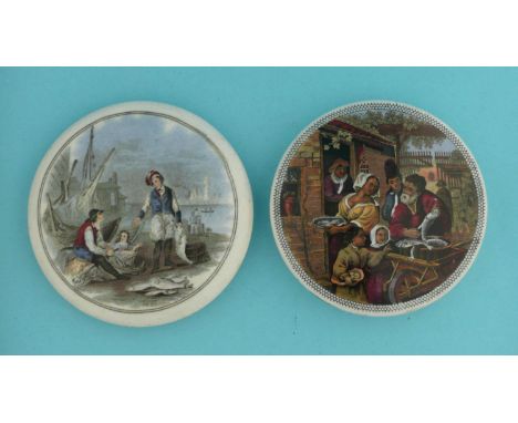 Mending the Nets (56) 106mm and the Fishbarrow (58) 98mm (2)  (pot lid, pot lids, potlid, potlids, prattware)  