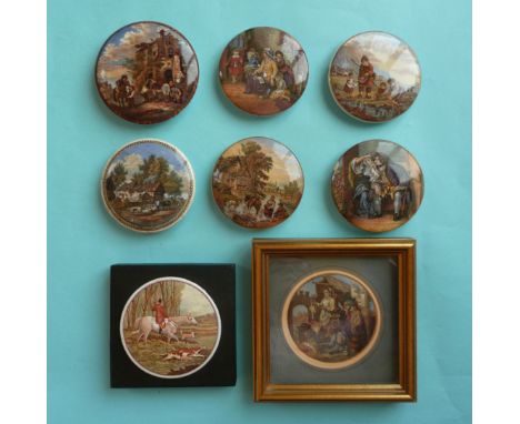 Eight lids, each defective, two being framed (8)  (pot lid, pot lids, potlid, potlids, prattware)  
