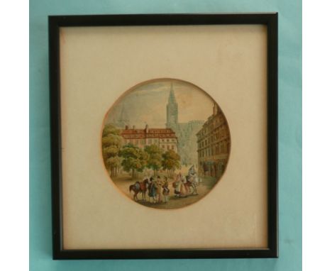 The original watercolour design by Jesse Austin for: French Street Scene (312) overmounted and framed  (pot lid, pot lids, po