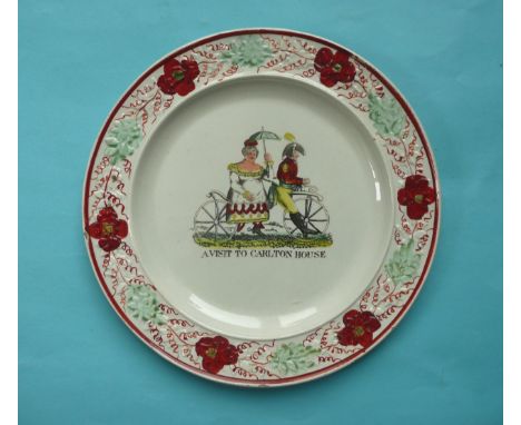 An attractive pearlware nursery plate the moulded border with colourful decoration, printed in black and enamelled in colours