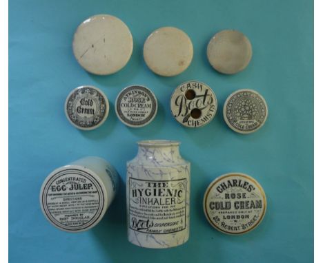 A Boots Hygienic Inhaler with lid, a Robert Douglas Egg Julep lid with tall base, four cold cream lids and three blank lids (