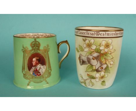 A Royal Doulton porcelain green ground mug with colour portrait of Edward VIII and a rare Royal Doulton porcelain curved side