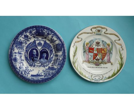 1911 Coronation: a plate by Shelley, a blue printed plate, a Copeland Spode pottery bottle with crown stopper, two mugs and a