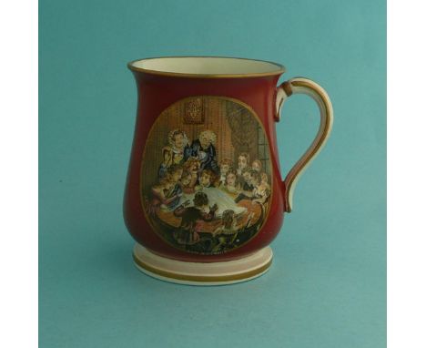 A good baluster shaped mug: Blind man’s Buff (246) and The Snap Dragon (253) brick red ground, gold line decoration  (pot lid