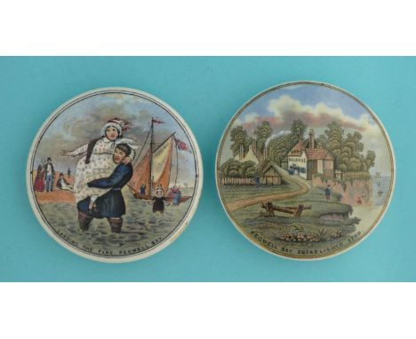 Landing the Fare (38) 102mm and Pegwell Bay, Established 1760 (25) 102mm (2)  (pot lid, pot lids, potlid, potlids, prattware)