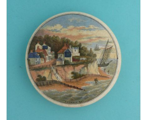 Pegwell Bay (31) with sailing vessel in cliff, 130mm  (pot lid, pot lids, potlid, potlids, prattware)  