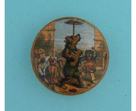 The Performing Bear (12) 71mm, small rim chip  (pot lid, pot lids, potlid, potlids, prattware)  * Ex Mortimer collection, lot
