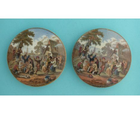 The Village Wedding (240) with towel, 104mm and without towel, 103mm (2)  (pot lid, pot lids, potlid, potlids, prattware)  
