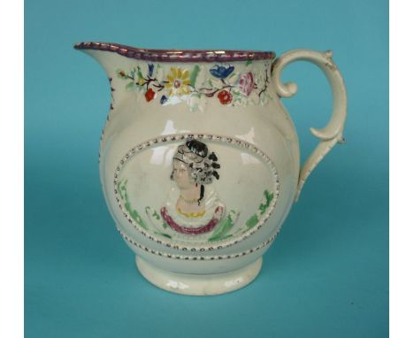 1820 Caroline: a pearlware jug moulded with inscribed portrait ovals decorated in colours and pink lustre, 165mm spout restor