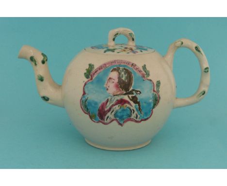 King of Prussia: a rare and attractive Staffordshire salt glazed teapot and cover with moulded Crabstock handle, spout and kn