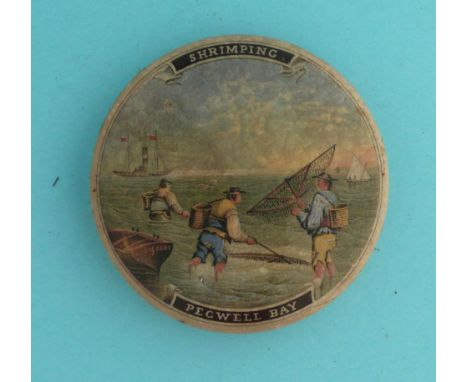 Pegwell Bay, Shrimping (33) small rim chip, stained 94mm  (pot lid, pot lids, potlid, potlids, prattware)  