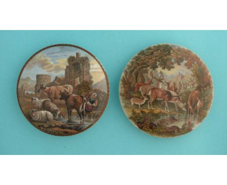 Cattle and Ruins (315) 102mm and Deer Drinking (321) 106mm (2)  (pot lid, pot lids, potlid, potlids, prattware)  
