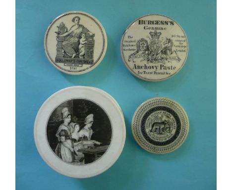 Three Choristers with base, Holloway’s Ointment, Burgess’ Anchovy Paste and Genuine Russian Bear’s Grease, restored (5)  (pot