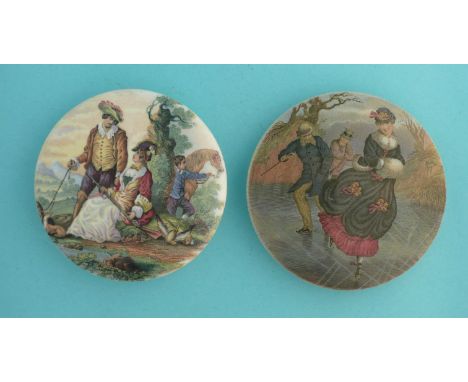 Fair Sportswoman (250) 100mm and The Skaters (258) 103mm (2)  (pot lid, pot lids, potlid, potlids, prattware)  