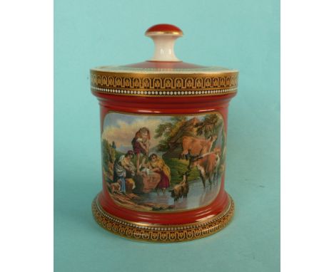 A cylindrical tobacco jar and cover: The Traveller’s Departure (396) and The Torrent (411) brick red ground, 124mm  (pot lid,