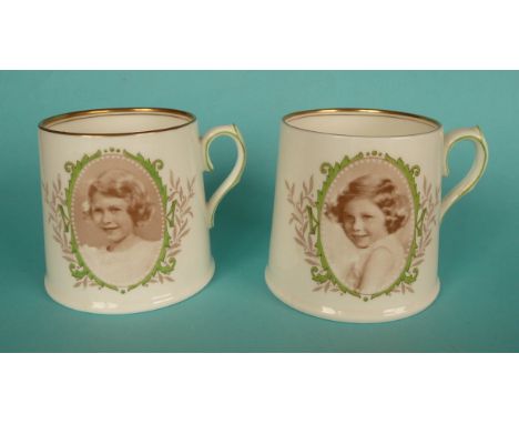 1937 Princesses: a pair of Royal Doulton porcelain mugs each with a sepia portrait after Marcus Adams, each named and dated o