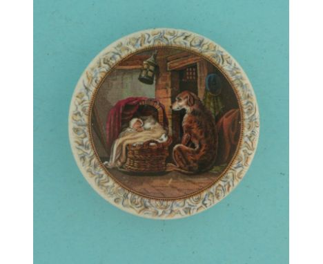 Deerhound Guarding Cradle (269)  (pot lid, pot lids, potlid, potlids, prattware)  